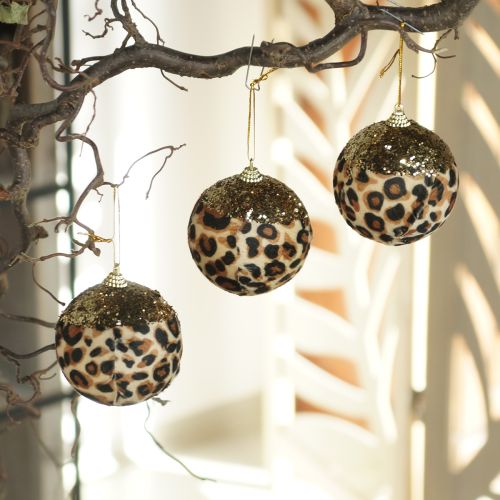 Weihnachtskugel Kunststoff 7cm Leopard Muster Gold Glitzer 3er-Set