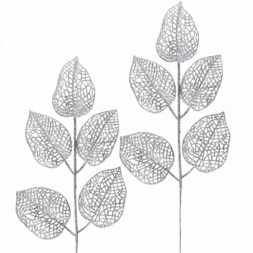 Artikel Kunstpflanzen, Zweig Deko, Deko Blatt Silbern Glitter L36cm 10St