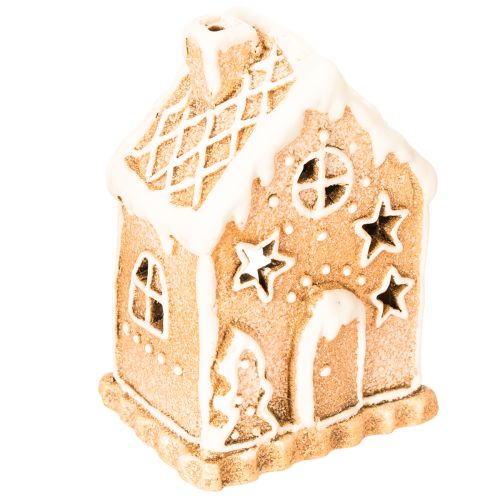 Teelichthalter Lebkuchenhaus aus Keramik 13cm Braun Weiss