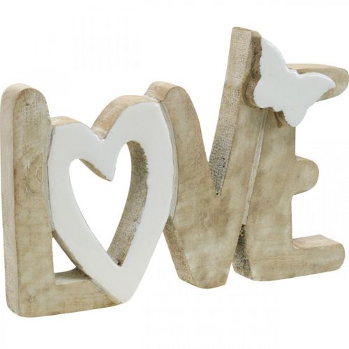 Tischdekoration „Love“, Holzdeko mit Herz und Schmetterling Natur, Weiß L24cm H17,5cm