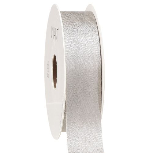 Artikel Luxuriöses silbernes Seidenband mit elegantem Federdesign – Ideal für Hochzeiten und festliche Anlässe Breit 25mm Länge 15m