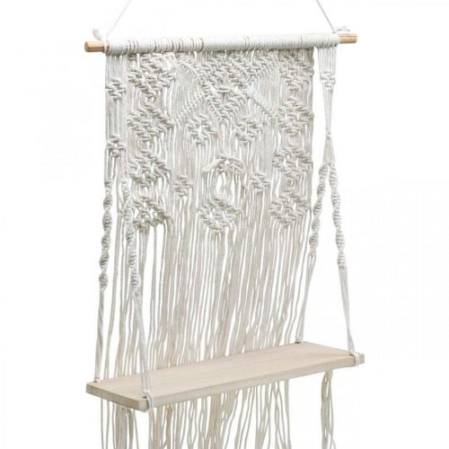 Artikel Boho Makramee Blumenampel Hängedeko Fensterdeko mit Blumenschaukel Brett 40x15cm im Natur-Weiß