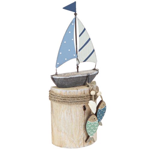 Floristik24 Maritime Deko Segelboot Holz mit Fischen Weiß Blau H24cm