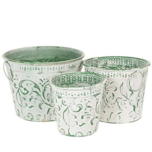 Metall-Pflanzkübel 3er-Set mit Henkeln, Prägung, Shabby Chic Weiss/Grün, Ø25,5/20,5/15,5cm, H20,5/18,5/16cm online kaufen | Floristik24.ch