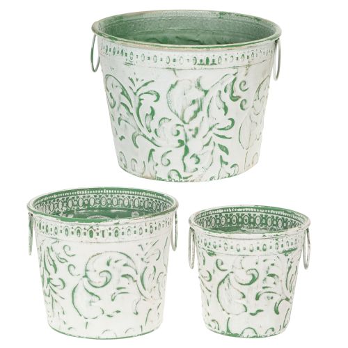 Metall-Pflanzkübel 3er-Set mit Henkeln, Prägung, Shabby Chic Weiss/Grün, Ø25,5/20,5/15,5cm, H20,5/18,5/16cm | Floristik24.ch
