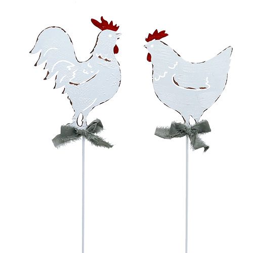 Metall-Huhn am Stab Weiß 16cm 6St
