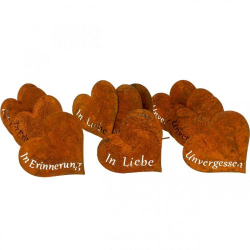 Floristik24 Trauerfloristik, Herzstecker “In Erinnerung” „In Liebe" „Unvergessen”, Metalldeko Edelrost 8×7cm 12 St