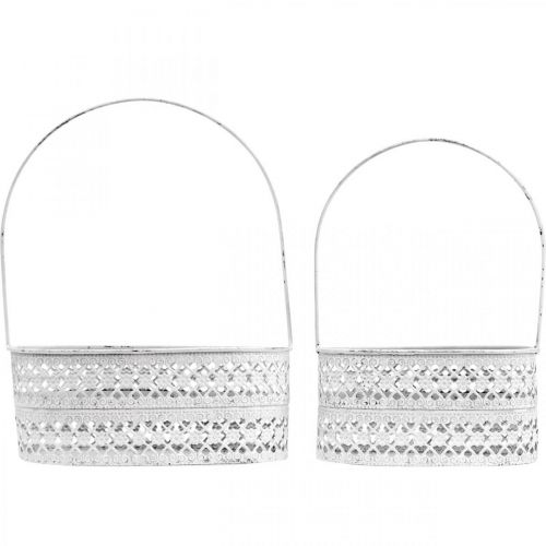 Floristik24 Metallkörbchen oval, Deko-Gefäß zum Bepflanzen Weiß, Silbern Vintage Optik L17/22cm H25/28cm 2er-Set