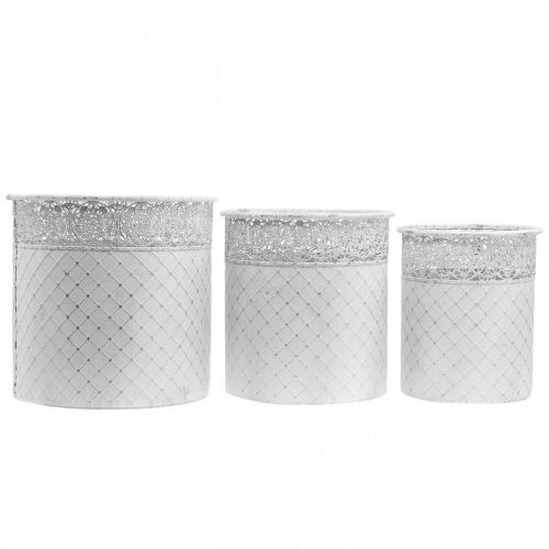 Artikel Pflanztopf mit Spitzenmuster, Gefäß aus Metall, Dekoeimer Weiß, Silbern Shabby Chic H28/25,5/23,5cm Ø29,5/25,5/20cm 3er-Set