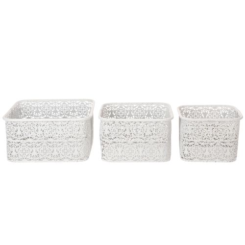 Weisse Metallschalen mit Spitzenmuster, rechteckig, Dekogefässe 3er-Set, 27/23/19 cm, für Innenbereich | Floristik24.ch