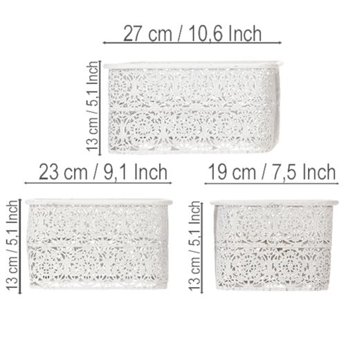 Weisse Metallschalen mit Spitzenmuster, rechteckig, Dekogefässe 3er-Set, 27/23/19 cm, für Innenbereich | Floristik24.ch