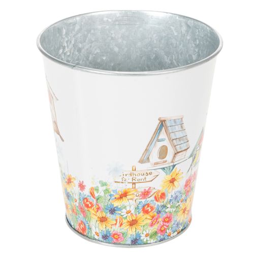 Metall-Pflanztopf Vogelhaus-Motiv H13 cm Ø11,5 cm Weiss-Bunt für Innen und Aussen | Floristik24.ch