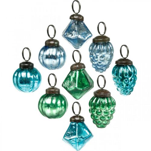Mini-Glaskugel-Mix, Diamant/Kugel/Zapfen, Christbaumschmuck Antik-Optik Ø3–3,5cm H4,5–5,5cm 9St