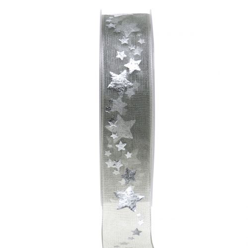 Floristik24 Dekoband Organza mit Sternmotiv Grau 25mm 20m