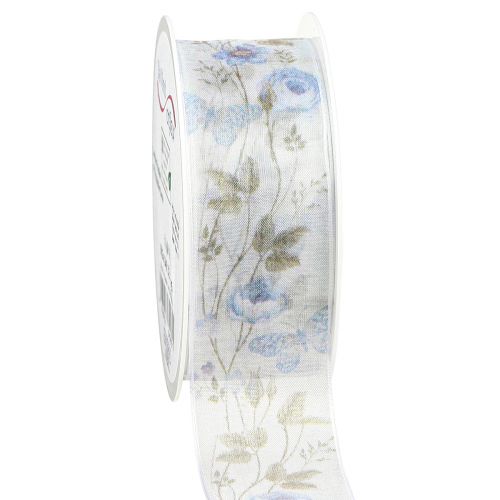 Organzaband Blumen Blau Dekoband Organzastoff 40mm 15m