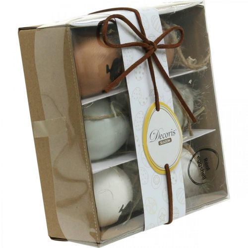 Floristik24 Osterdeko, Hühnereier zum Hängen, Deko-Eier Feder und Huhn, Braun, Blau, Weiß 6er-Set