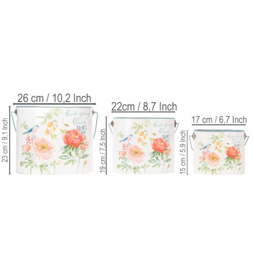 Pflanzkübel Set Metall Oval Weiss mit Blumenmotiv 26/22/17 cm 3-teilig | Floristik24.ch