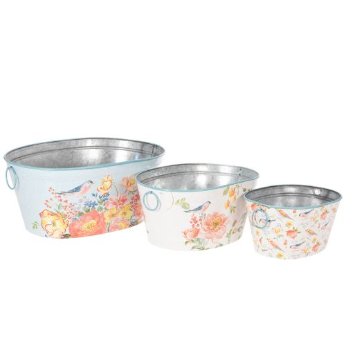 Pflanzschalen aus Metall, oval, mit Blumen- und Vogelmotiv, 39/31/24,5 cm, Set mit 3 Stück | Floristik24.ch