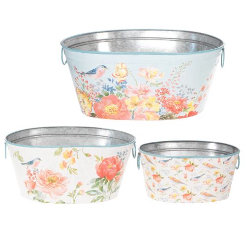 Pflanzschalen aus Metall, oval, mit Blumen- und Vogelmotiv, 39/31/24,5 cm, Set mit 3 Stück | Floristik24.ch