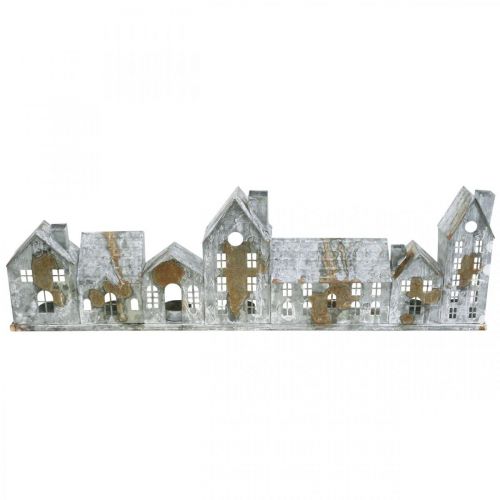 Artikel Häuser zum Beleuchten, Fensterdeko, Lichterhäuser Silbern, Metallwindlicht Antik-Look L67,5cm H20cm