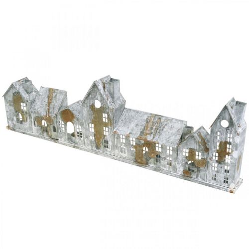 Häuser zum Beleuchten, Fensterdeko, Lichterhäuser Silbern, Metallwindlicht Antik-Look L67,5cm H20cm | Floristik24.ch