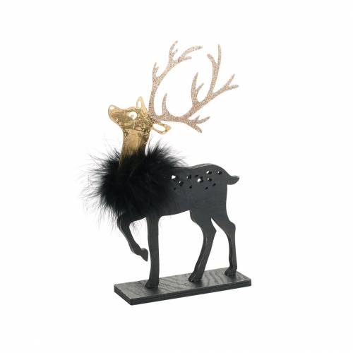 Floristik24 Deko für den Weihnachtstisch Rentier mit Federboa und Glitter Schwarz, Golden 22,5×13cm 2St