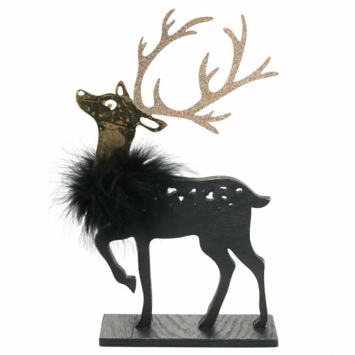 Floristik24 Deko für den Weihnachtstisch Rentier mit Federboa und Glitter Schwarz, Golden 22,5×13cm 2St