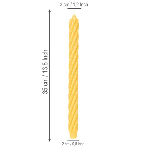 Gedrehte Stabkerzen aus durchgefärbtem Wachs Gelb 35 cm Ø 2,8 cm 4 Stück | Floristik24.ch