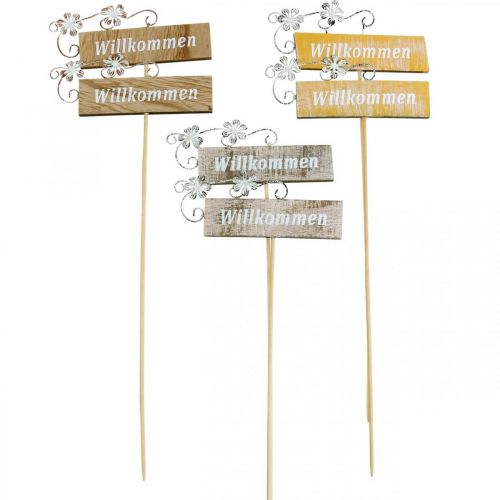 Floristik24 Rustikales Willkommensschild, Blumenstecker, Holzschild mit floraler Deko, Pflanzendeko 6St