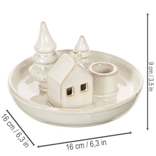 Deko-Kerzenhalter Keramik mit Haus- und Baum-Motiv 16 cm Grau-Weiss | Floristik24.ch