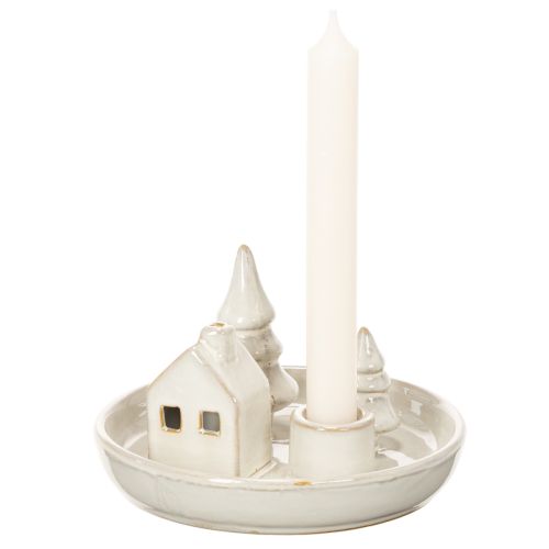 Deko-Kerzenhalter Keramik mit Haus- und Baum-Motiv 16 cm Grau-Weiss | Floristik24.ch