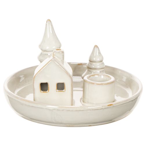 Deko-Kerzenhalter Keramik mit Haus- und Baum-Motiv 16 cm Grau-Weiss | Floristik24.ch