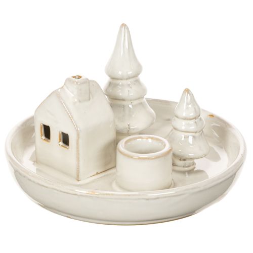 Deko-Kerzenhalter Keramik mit Haus- und Baum-Motiv 16 cm Grau-Weiss | Floristik24.ch