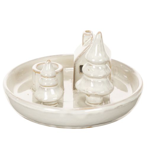 Deko-Kerzenhalter Keramik mit Haus- und Baum-Motiv 16 cm Grau-Weiss | Floristik24.ch
