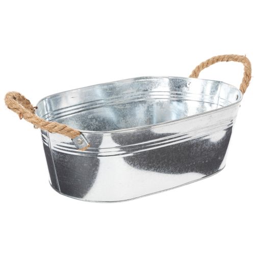 Ovale Schale aus Zink mit Seilgriffen 35 x 21,5 x 11,5 cm silbrig glänzend | Floristik24.ch