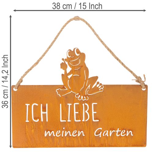 Schild aus Metall mit Spruch "Ich liebe meinen Garten", 38 cm, Edelrost, Froschmotiv | Floristik24.ch