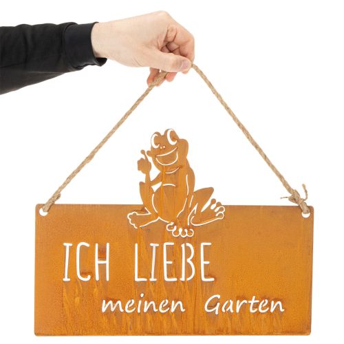 Schild aus Metall mit Spruch "Ich liebe meinen Garten", 38 cm, Edelrost, Froschmotiv | Floristik24.ch
