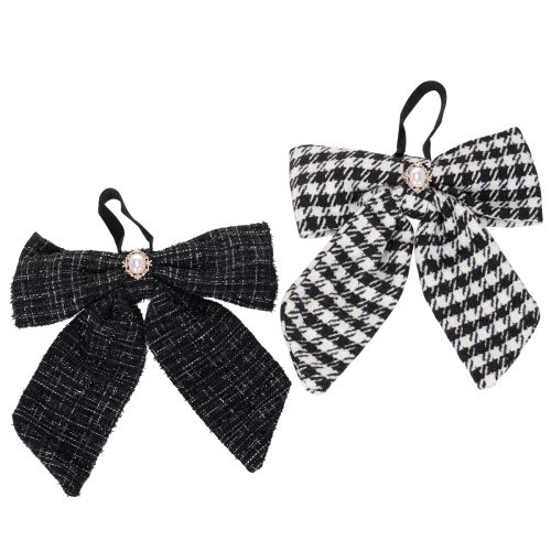 Schwarze und weisse karierte Stoffschleifen mit Brosche und Aufhänger 24cm 2er-Set