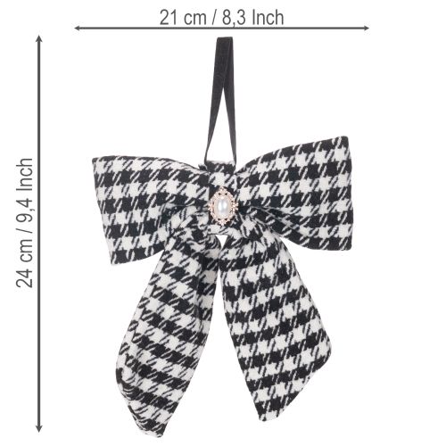 Schwarze und weisse karierte Stoffschleifen mit Brosche und Aufhänger 24cm 2er-Set | Floristik24.ch