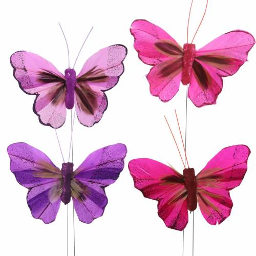 Floristik24 Federschmetterling mit Draht 7cm Rosa Lila 24 St