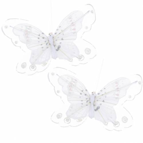 Floristik24 Feder Schmetterling auf Clip Weiß 10cm 12 St