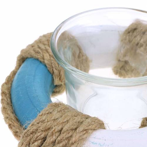Floristik24 Nautische Deko Windlicht Glas mit Rettungsring Blau, Weiß Ø12cm