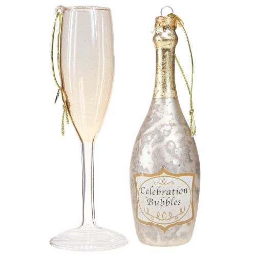 Floristik24 Sektflasche und Glas, Baumschmuck, Jubiläum, Glassdeko zum Hängen, Silvester H14,5cm Echtglas 2er-Set