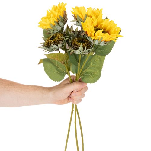 Artikel Künstliche Sonnenblumen mit realistischen Blättern und Blüten 58 cm, Set aus 3 Stielen, Gelb-Grün