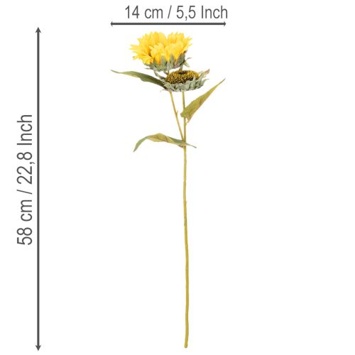 Artikel Künstliche Sonnenblumen mit realistischen Blättern und Blüten 58 cm, Set aus 3 Stielen, Gelb-Grün