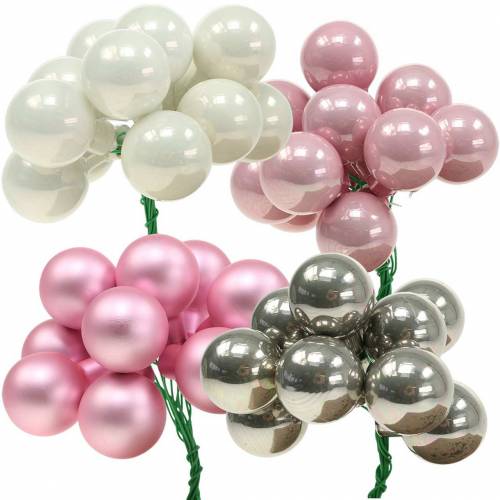Floristik24 Mini Weihnachtskugel am Draht 40mm Rosa, Silber, Weiß 36St