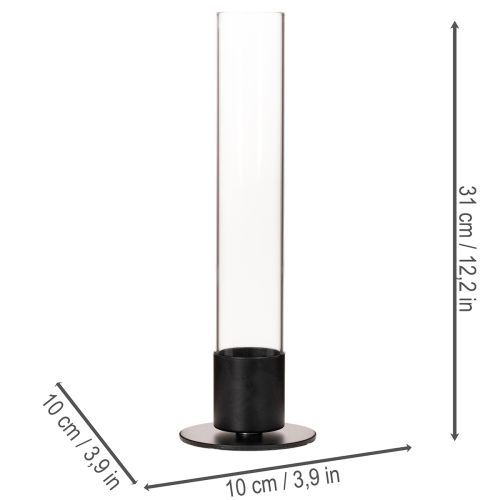 Stabkerzenhalter aus schwarzem Metall und Glaszylinder 31 cm | Floristik24.ch