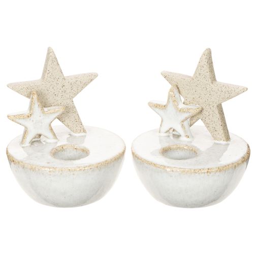 Kerzenhalter Sterne aus Keramik weiss naturgrau 11 cm 2er-Set