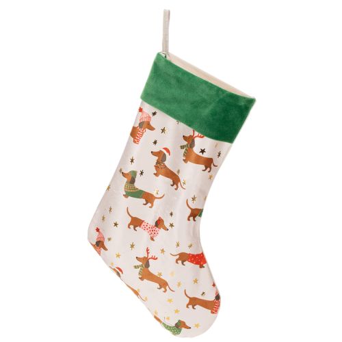 Weihnachtssocke aus Stoff mit Dackel-Motiv 50 cm grün-weiss