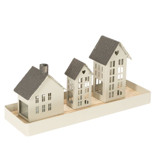 Lichthaus Set Metall Grau drei Häuser mit Tablett 35 cm